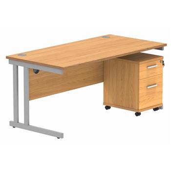 Primus 1600 Rectangular Desk + Drawer Unit Bundle - 2-Drawer Pedestal - Beech + Silver Legs