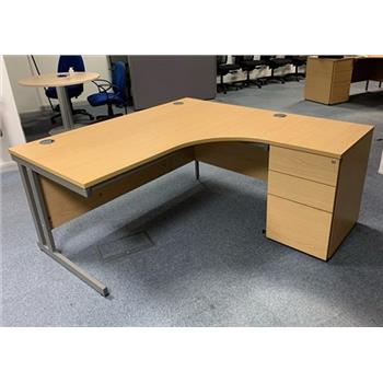 1600 Oak Radial Desk + Desk High Pedestal - Used