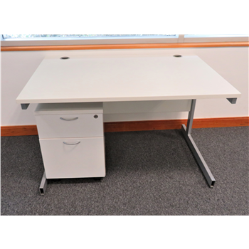 Straight White 1200mm Cantilever Desk with Silver Legs and Mobile Pedestal