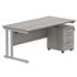 Primus 1600 Rectangular Desk + Drawer Unit Bundle - 3-Drawer Pedestal - Grey Oak + Silver Legs