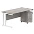 Primus 1400 Rectangular Desk + Drawer Unit Bundle - 2-Drawer Pedestal - Grey Oak + White Legs